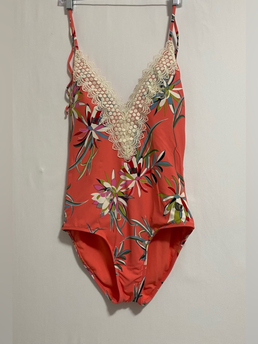 Coral Floral Lace-Trim One-Piece Swimsuit